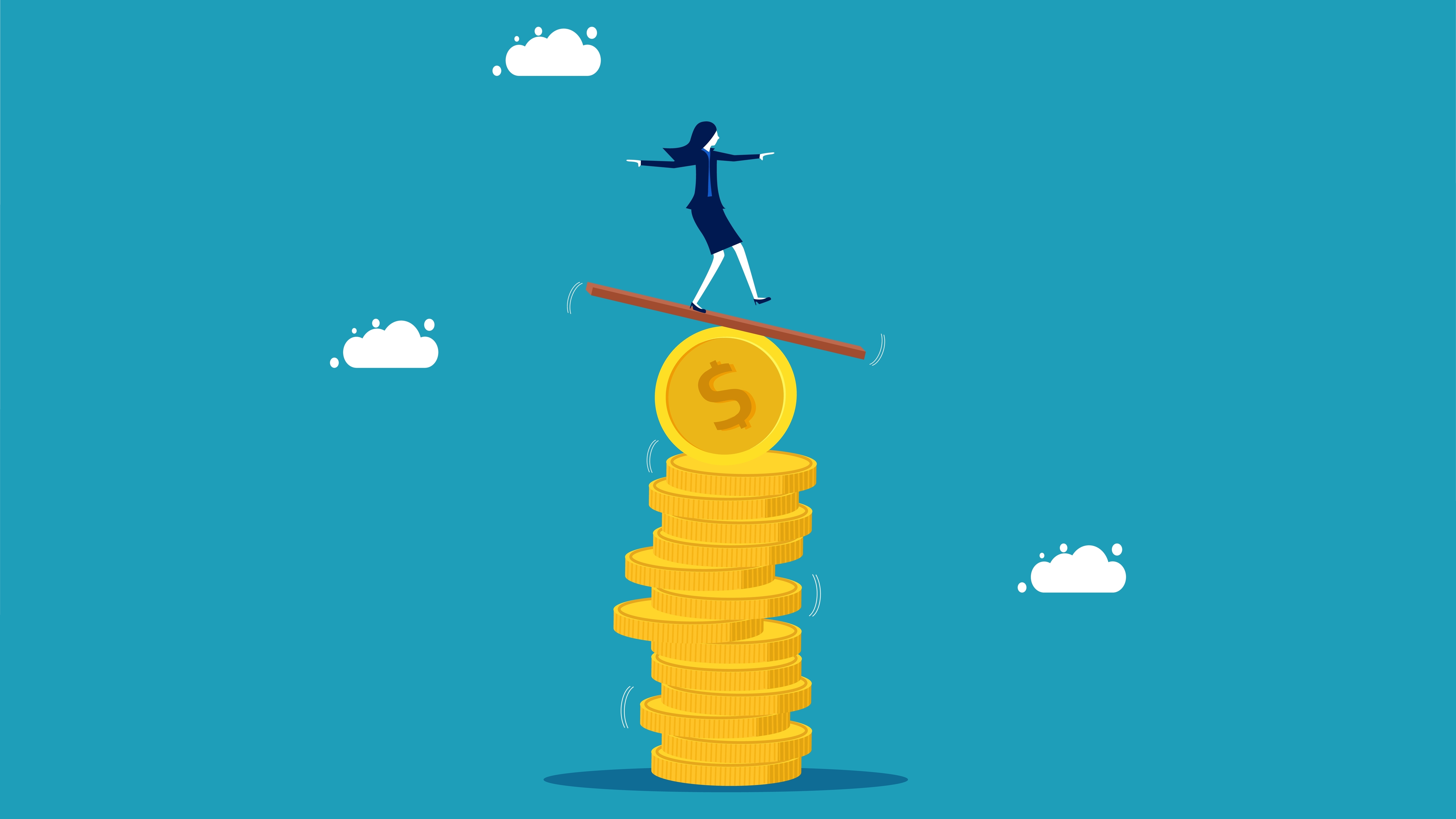 Animated image with a cartoon woman balancing on a seesaw on top of a pile of coins. Sky is blue and there are clouds in the background.