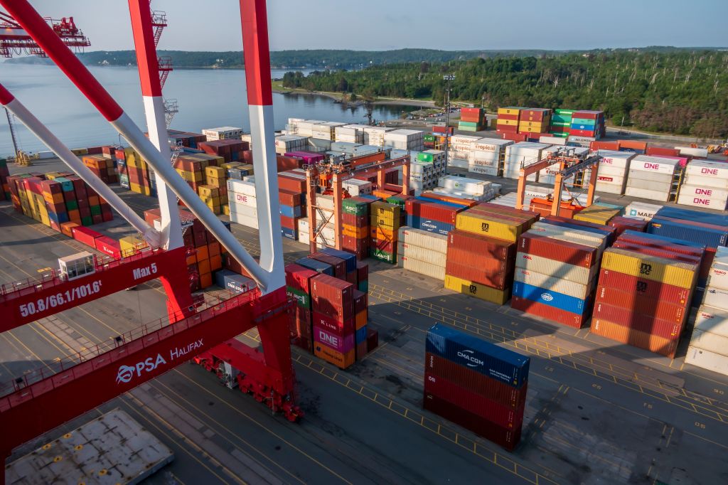 A landscape view of shipping containers at the port of Halifax, Nova Scotia